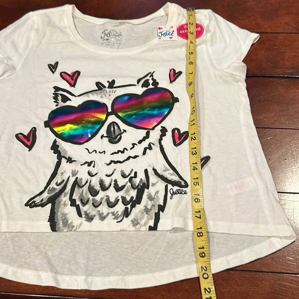 NWT Justice White Cropped Owl Heart Rainbow Glasses Size 18